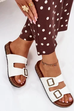 Clearance Evento Damskie Klapki Na Korkowej Platformie Z Klamrami Białe Vesina Biały