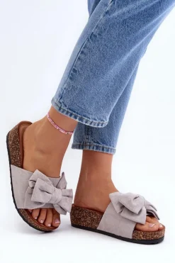 Damskie Boto Damskie Klapki Na Korkowej Platformie Z Kokardą Szare Tarena