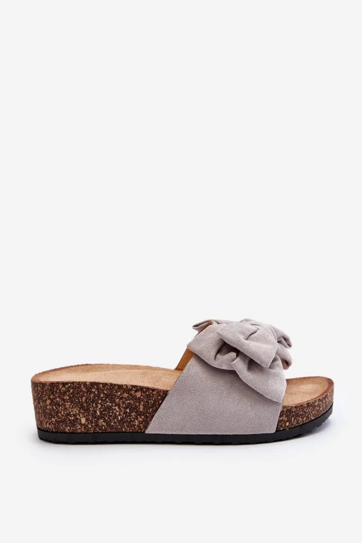 Damskie Boto Damskie Klapki Na Korkowej Platformie Z Kokardą Szare Tarena
