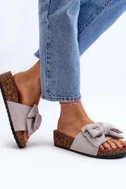 Damskie Boto Damskie Klapki Na Korkowej Platformie Z Kokardą Szare Tarena