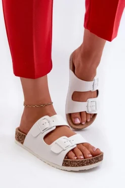 Damskie Boto Damskie Klapki Na Korkowej Platformie Z Klamrami Białe Klinesta