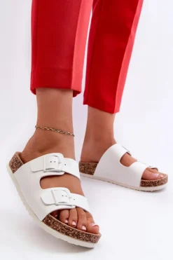 Damskie Boto Damskie Klapki Na Korkowej Platformie Z Klamrami Białe Klinesta