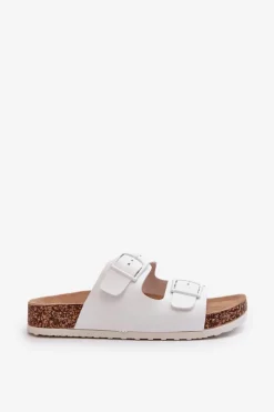 Damskie Boto Damskie Klapki Na Korkowej Platformie Z Klamrami Białe Klinesta