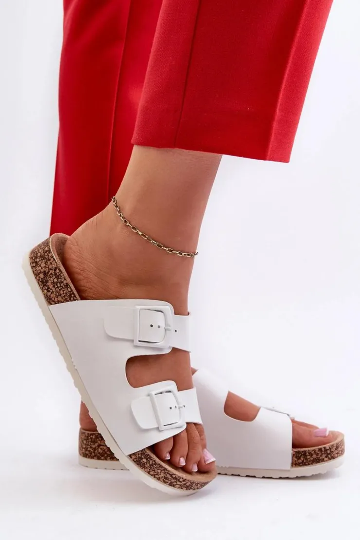 Damskie Boto Damskie Klapki Na Korkowej Platformie Z Klamrami Białe Klinesta