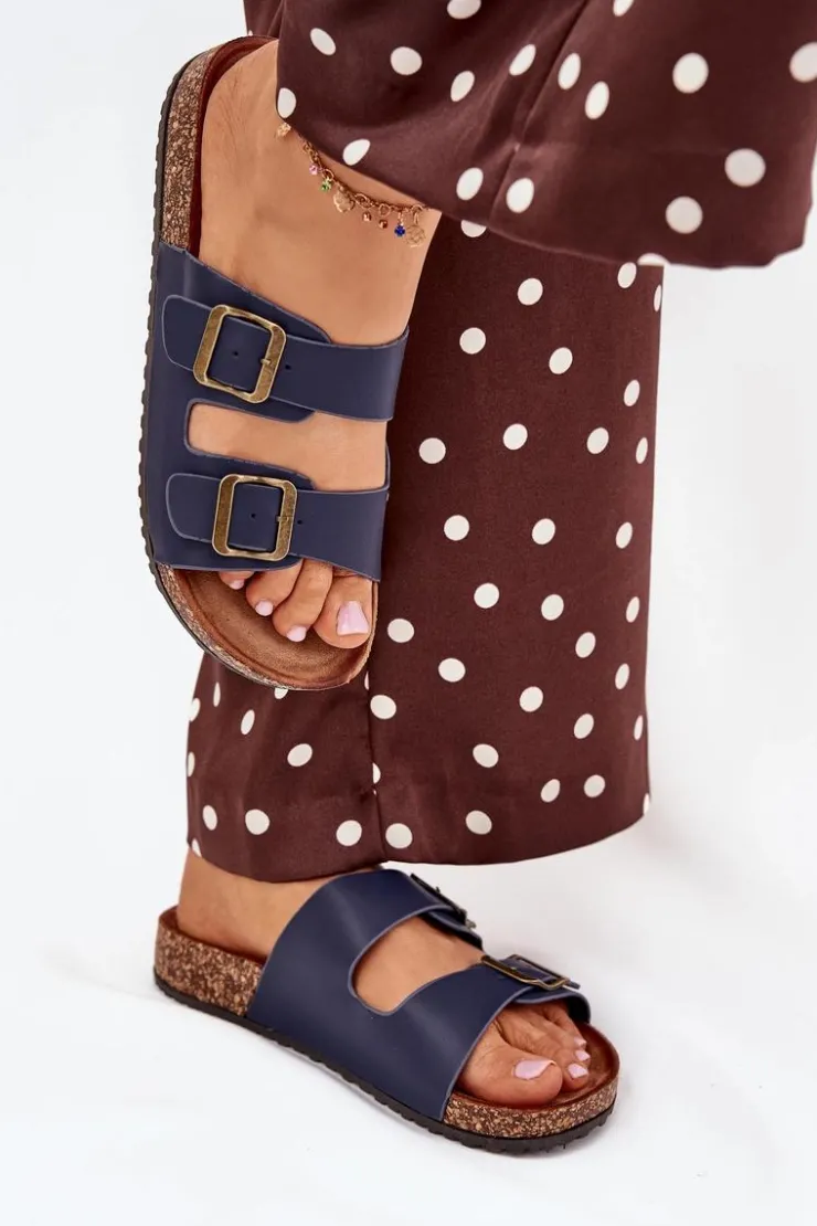 Best Evento Damskie Klapki Na Korkowej Platformie Z Klamrami Granatowe Vesina Niebieski