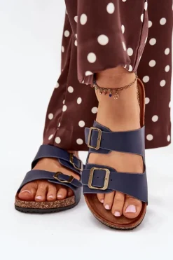 Best Evento Damskie Klapki Na Korkowej Platformie Z Klamrami Granatowe Vesina Niebieski