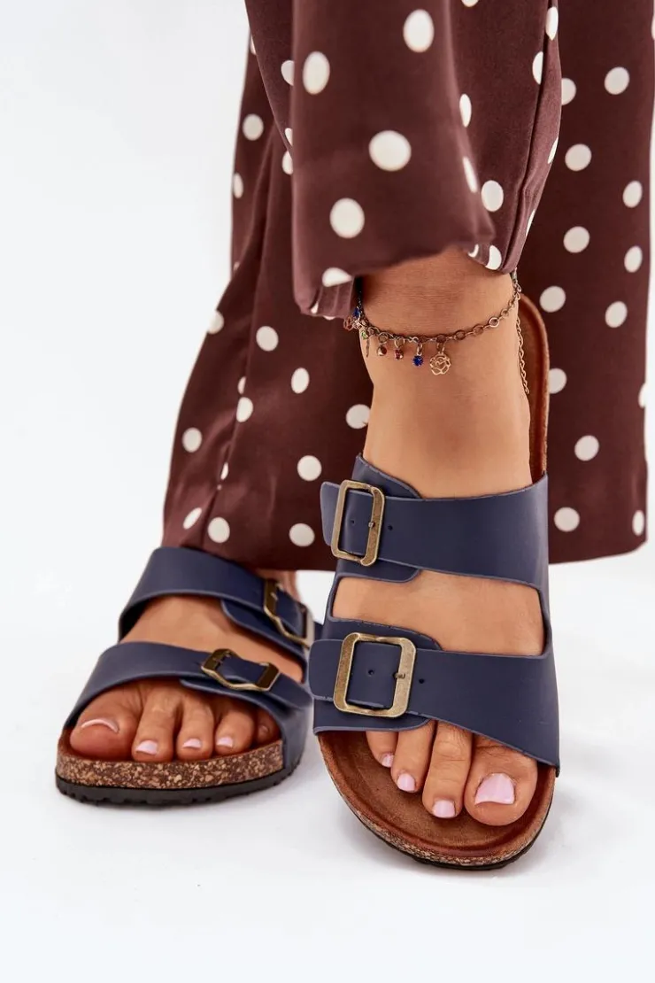 Best Evento Damskie Klapki Na Korkowej Platformie Z Klamrami Granatowe Vesina Niebieski