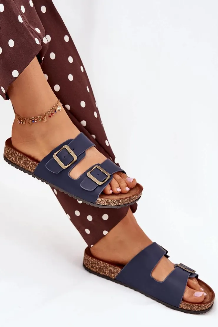 Best Evento Damskie Klapki Na Korkowej Platformie Z Klamrami Granatowe Vesina Niebieski