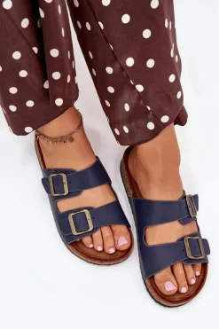 Best Evento Damskie Klapki Na Korkowej Platformie Z Klamrami Granatowe Vesina Niebieski