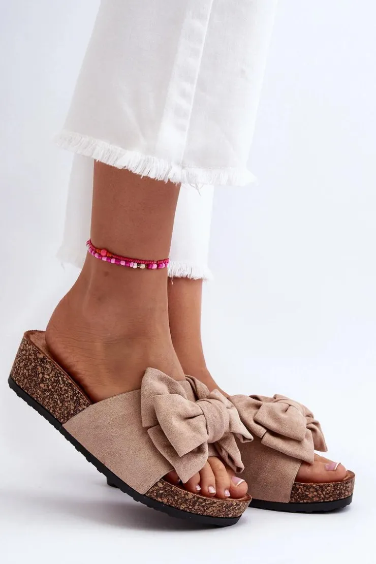 Sale Boto Damskie Klapki Na Korkowej Platformie Z Kokardą Khaki Tarena