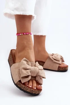 Sale Boto Damskie Klapki Na Korkowej Platformie Z Kokardą Khaki Tarena