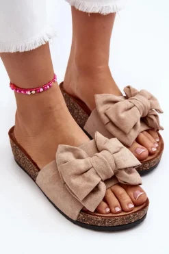 Sale Boto Damskie Klapki Na Korkowej Platformie Z Kokardą Khaki Tarena