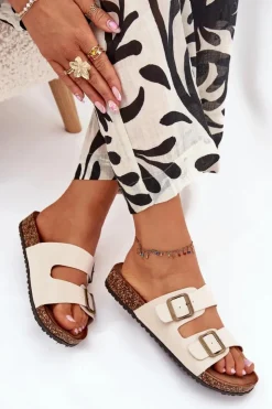 Damskie Evento Damskie Klapki Na Korkowej Platformie Z Klamrami Beżowe Vesina