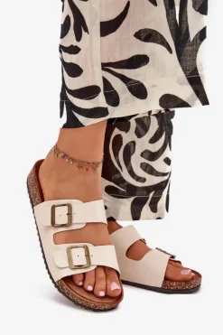 Damskie Evento Damskie Klapki Na Korkowej Platformie Z Klamrami Beżowe Vesina