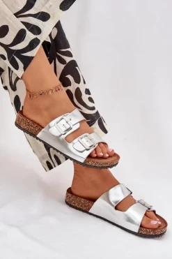 Hot Evento Damskie Klapki Na Korkowej Platformie Z Klamrami Srebrne Vesina Srebrny