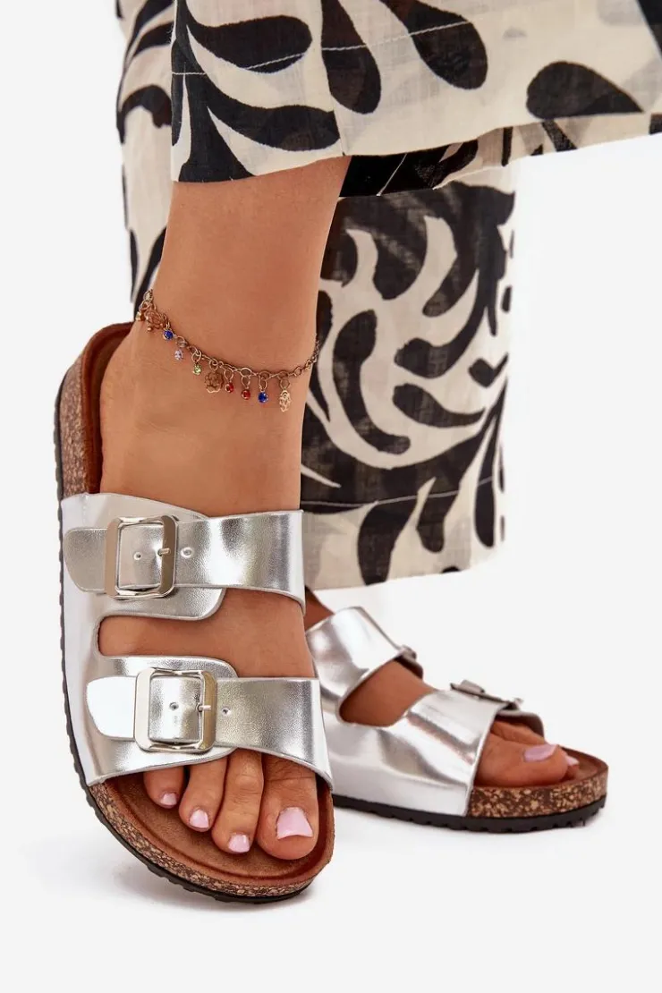 Hot Evento Damskie Klapki Na Korkowej Platformie Z Klamrami Srebrne Vesina Srebrny