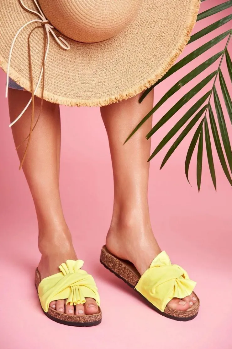 Clearance Boto Damskie Klapki Na Korku Kokardki Żółty Neon Felis