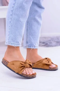 Hot Boto Damskie Klapki Na Korku Kokarda Camel Dominica