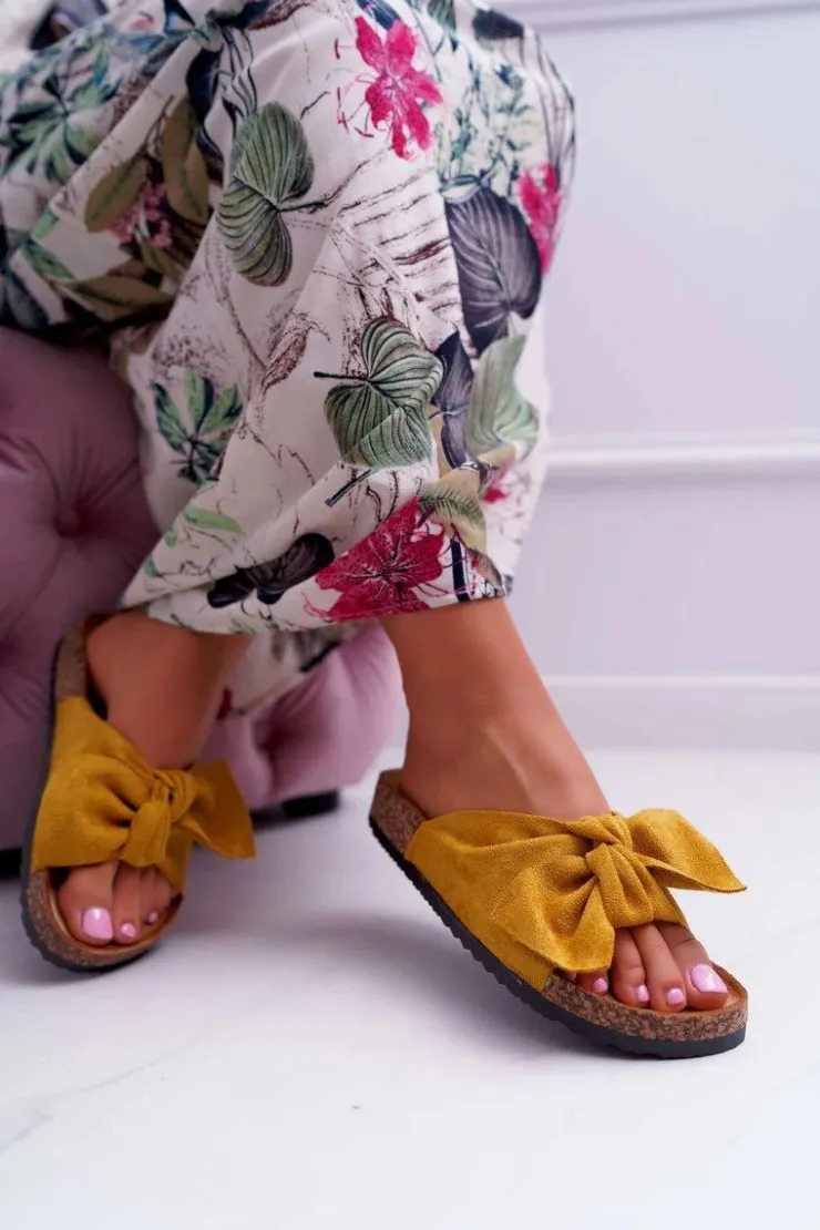 Hot Boto Damskie Klapki Na Korku Kokarda Żółte Randy