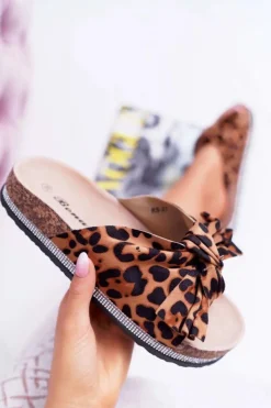 Boto Damskie Klapki Na Korku Kokarda Cyrkonie Leopard Astria