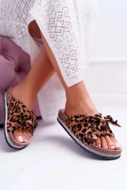 Boto Damskie Klapki Na Korku Kokarda Cyrkonie Leopard Astria