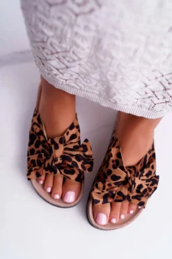 Boto Damskie Klapki Na Korku Kokarda Cyrkonie Leopard Astria