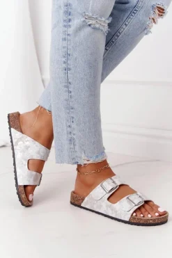 Discount Evento Damskie Klapki Na Korku Z Klamrami Srebrne Vivio Szary