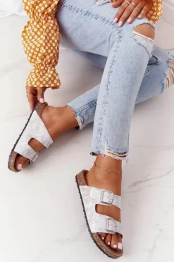 Discount Evento Damskie Klapki Na Korku Z Klamrami Srebrne Vivio Szary