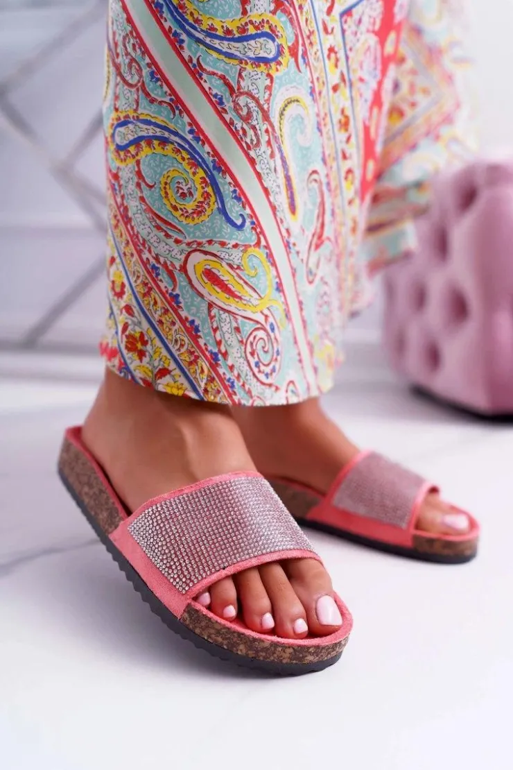 Outlet Boto Damskie Klapki Na Korku Z Kryształkami Koralowe Do It!