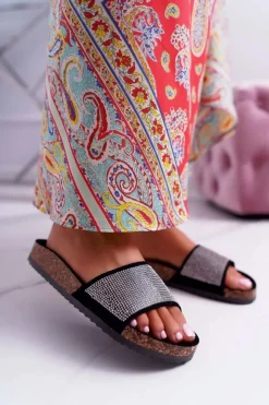 Damskie Boto Damskie Klapki Na Korku Z Kryształkami Czarne Do It!