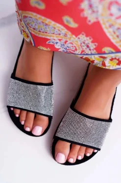 Damskie Boto Damskie Klapki Na Korku Z Kryształkami Czarne Do It!