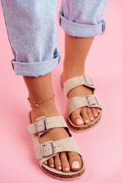 Damskie Evento Damskie Klapki Na Korku Z Klamrami Beżowe Si Senor