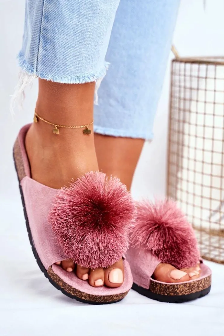 Boto Klapki Korkowe|Klapki Damskie Klasyczne*Damskie Klapki Na Korku z Pomponem Różowe Galaxo