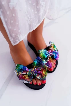 Damskie Boto Damskie Klapki Na Koturnie Piankowe Kokarda Opalizujące Cekiny Meow