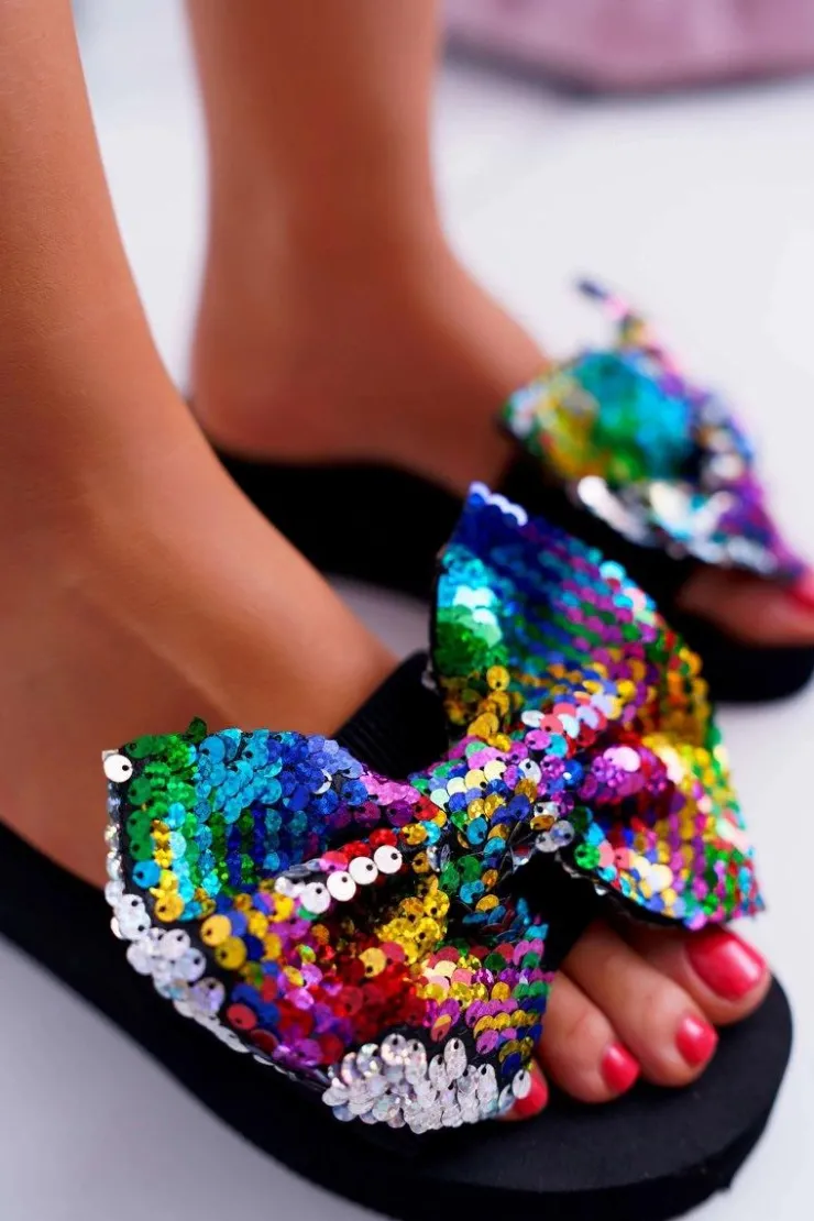 Damskie Boto Damskie Klapki Na Koturnie Piankowe Kokarda Opalizujące Cekiny Meow