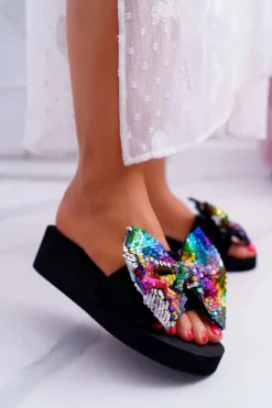 Damskie Boto Damskie Klapki Na Koturnie Piankowe Kokarda Opalizujące Cekiny Meow