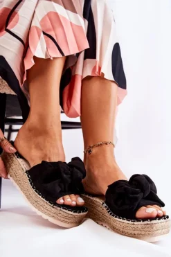 Outlet Boto Damskie Klapki Na Koturnie Z Kokardą Czarne Tayla