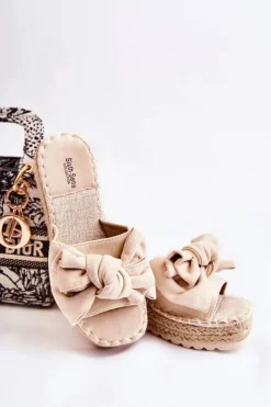 Boto Klapki Na Koturnie|Klapki Na Obcasie*Damskie Klapki Na Koturnie Z Kokardą Beżowe Tayla