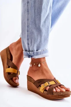 Damskie INBLU Damskie Klapki Na Koturnie EN000024 Brązowo-Żółte