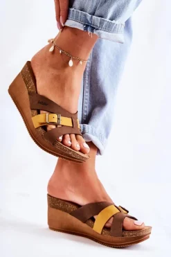 Damskie INBLU Damskie Klapki Na Koturnie EN000024 Brązowo-Żółte