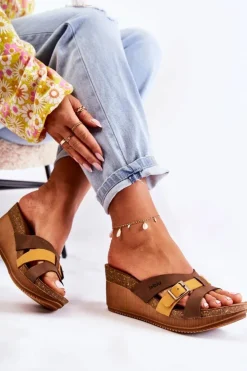 Damskie INBLU Damskie Klapki Na Koturnie EN000024 Brązowo-Żółte