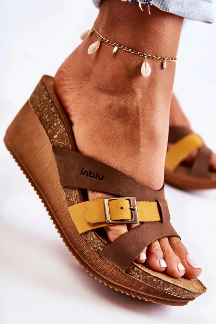 Damskie INBLU Damskie Klapki Na Koturnie EN000024 Brązowo-Żółte