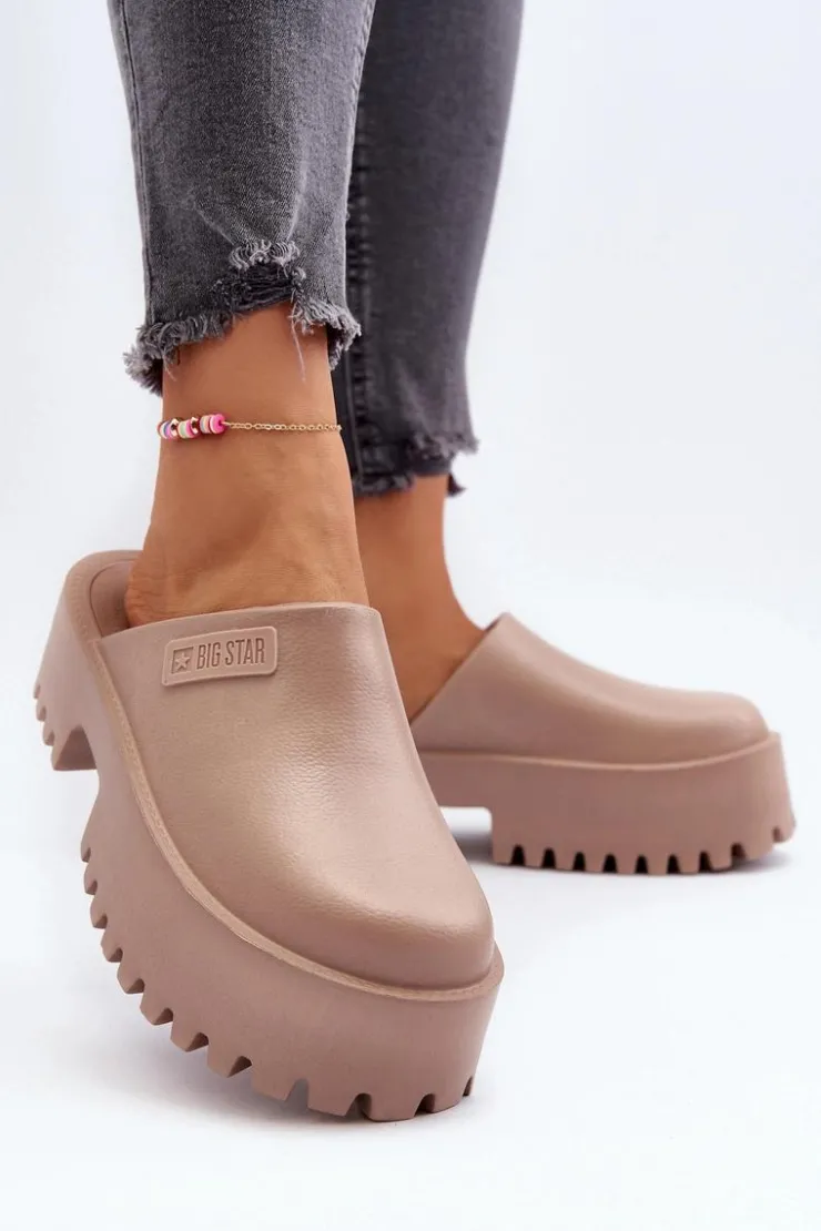 Big Star Shoes Damskie Klapki Na Masywnej Podeszwie Big Star NN274016 Beżowe Beżowy