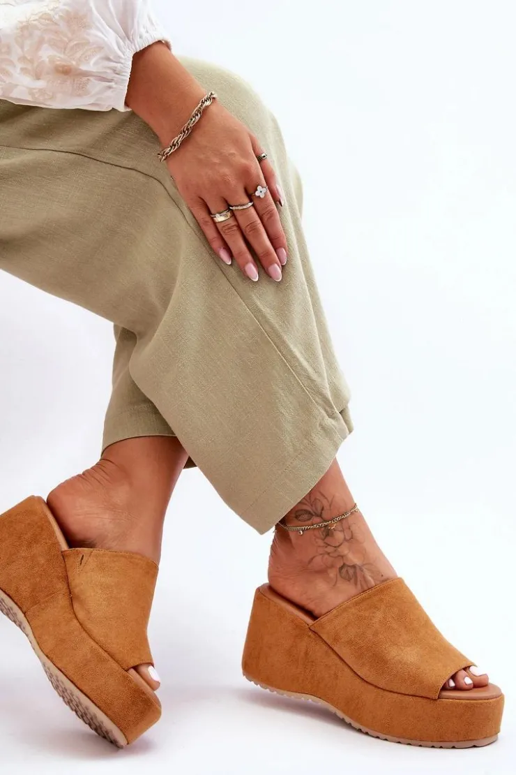 Boto Klapki Na Koturnie|Klapki Na Platformie*Damskie Klapki Na Masywnej Platformie Camel Martina