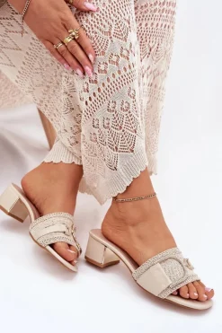 Clearance Boto Damskie Klapki Na Obcasie Z Ozdobnym Detalem Beżowe Julinemi