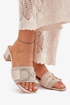 Clearance Boto Damskie Klapki Na Obcasie Z Ozdobnym Detalem Beżowe Julinemi