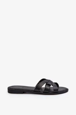 Damskie Evento Damskie Klapki Na Płaskim Obcasie Z Eko Skóry Czarne Rosalini