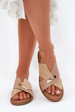 Online Buty damskie Vinceza Damskie Klapki Na Płaskim Obcasie Z Ozdobnym Detalem Vinceza 17385 Beżowe Beżowy