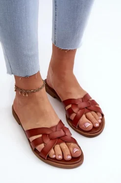 Evento Klapki Damskie Klasyczne*Damskie Klapki Na Płaskim Obcasie Z Eko Skóry Brązowe Rosalini