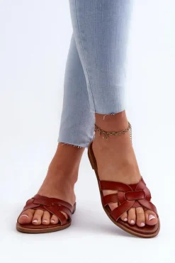 Evento Klapki Damskie Klasyczne*Damskie Klapki Na Płaskim Obcasie Z Eko Skóry Brązowe Rosalini